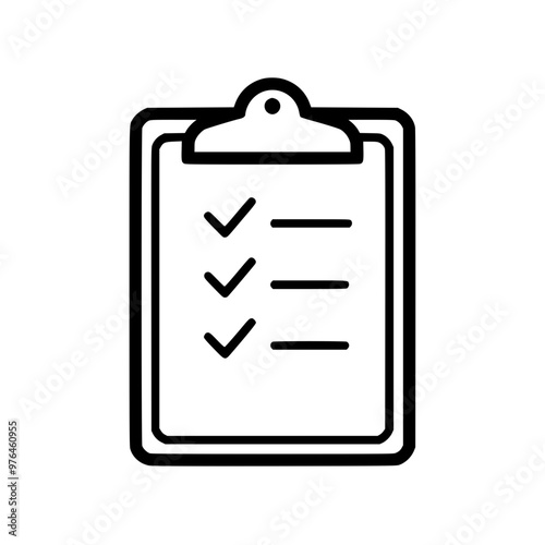 Black and white icon of a clipboard with three checkmarks and blank lines.