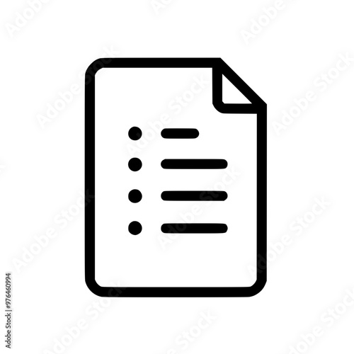 Black and white icon of a document with bullet points on a white background.