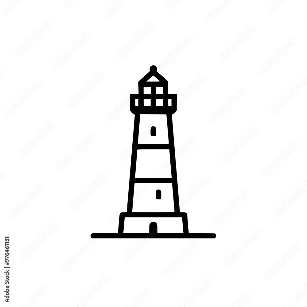 Minimalistic black and white illustration of a lighthouse on a white background.