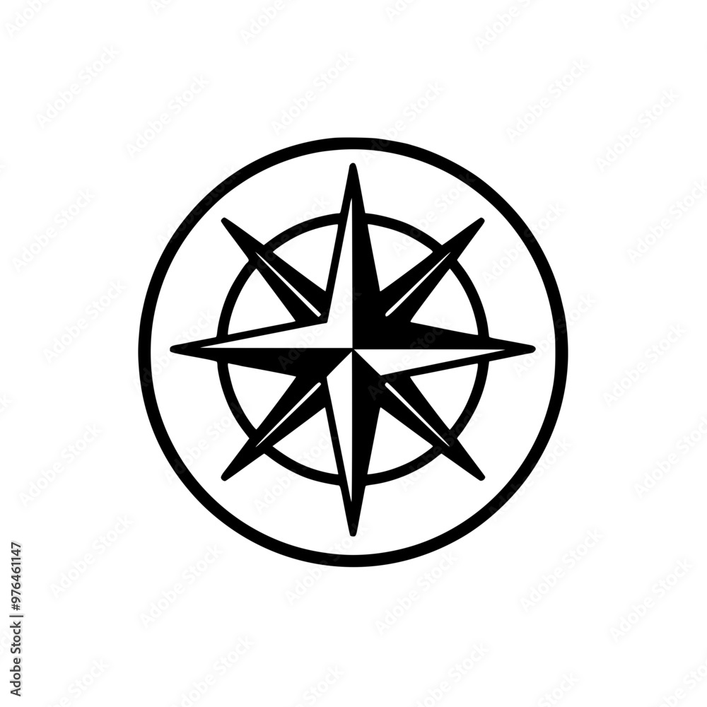 Black and white compass rose design inside a circle. Black and white compass rose design inside a circle.