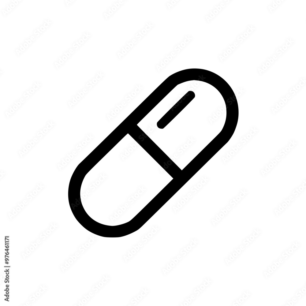 Black and white minimalistic icon of a capsule pill on a white background. Black and white minimalistic icon of a capsule pill on a white background.