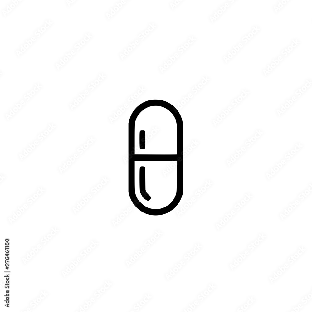 Black and white outline of a capsule pill on a white background Black and white outline of a capsule pill on a white background