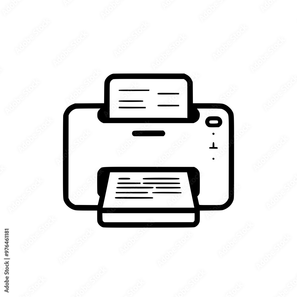 A minimalist black and white icon of a printer with paper being printed. A minimalist black and white icon of a printer with paper being printed.