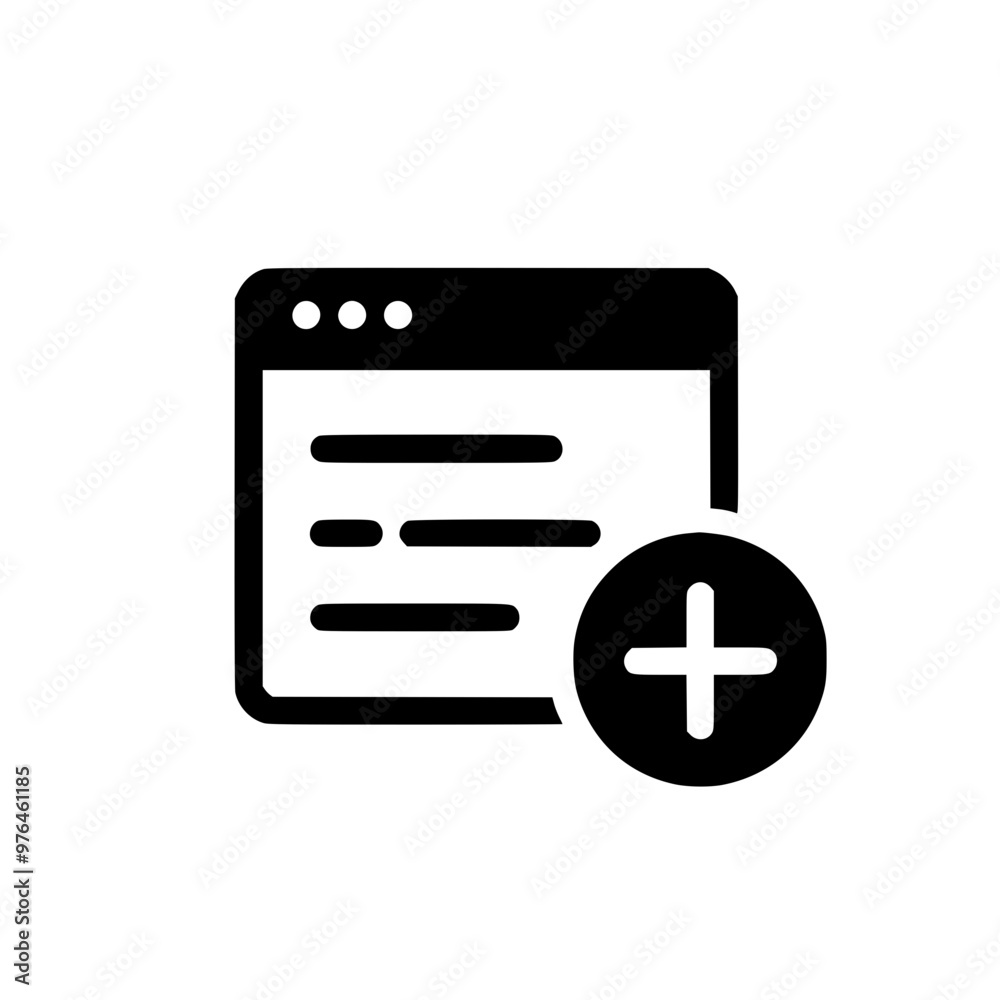 Icon of a web browser window with a plus sign symbol on a white background. Icon of a web browser window with a plus sign symbol on a white background.