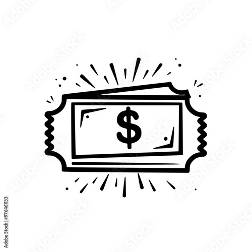 Black and white illustration of a dollar-themed ticket with decorative edges.