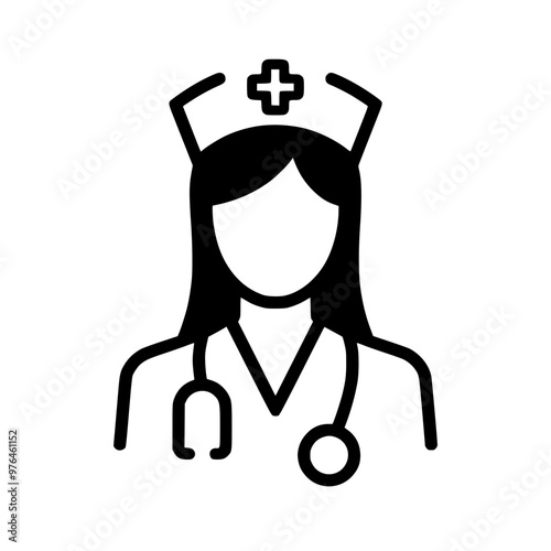 Black and white icon of a female nurse with a stethoscope and nurse hat.