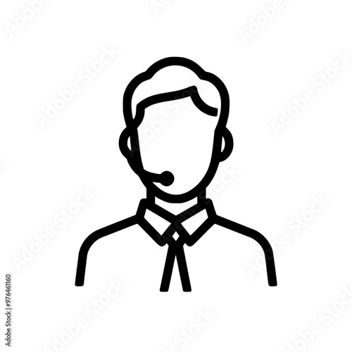 Minimalist black and white icon of a male customer service representative with a headset.