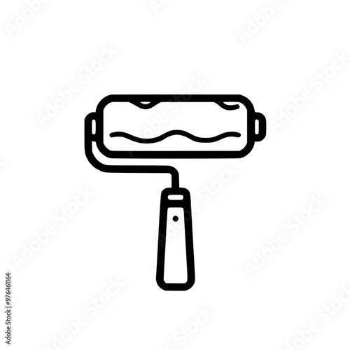 Line drawing of a paint roller with a simple handle, used for painting walls.