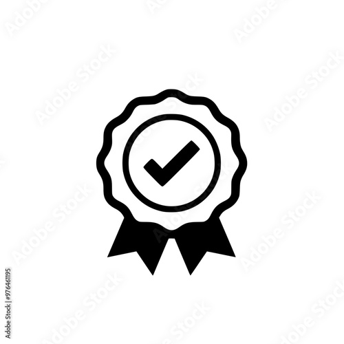 Black and white badge icon with a checkmark, symbolizing approval or achievement.