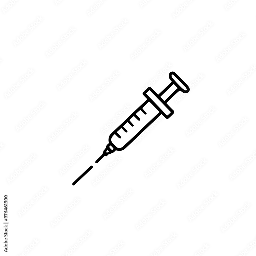 Simple black and white illustration of a medical syringe against a white background. Simple black and white illustration of a medical syringe against a white background.
