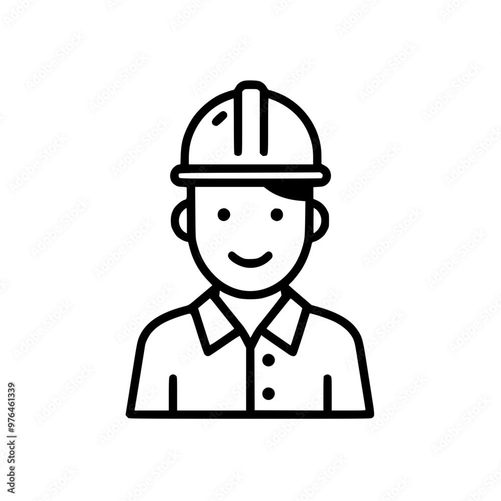 Black and white outline of a smiling male construction worker wearing a safety helmet and shirt. Black and white outline of a smiling male construction worker wearing a safety helmet and shirt.