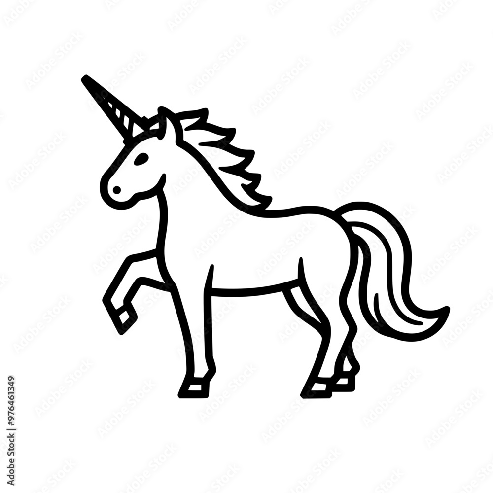 Black and white illustration of a majestic unicorn standing with one leg raised. Black and white illustration of a majestic unicorn standing with one leg raised.