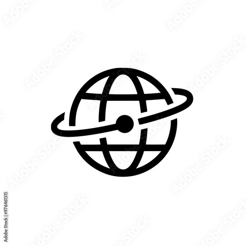 Black and white icon of a globe with an orbit ring symbolizing global connection and technology.