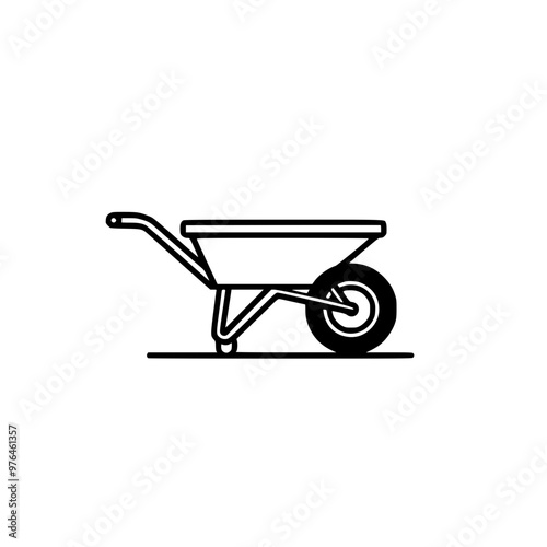 Simple black and white illustration of a wheelbarrow, showing side profile.