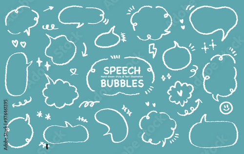 Set of hand drawn style cute memo sticker with blue background. Variety abstract shapes of white speech bubble. Crayon draw style frame . Chat box balloon cloud.Retro blank label tag vector for text