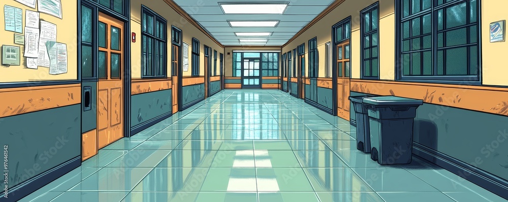 Fototapeta premium Vibrant School Hallway Illustration in a College Setting with Doors, Windows, and a Bin - Educational Environment Concept, Cartoon Style, Copy Space