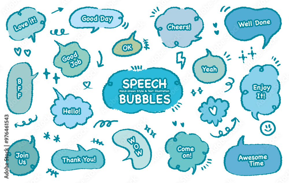 Comic style cute quote blue speech bubble with positive words. Set of hand drawn memo frame. Cartoon doodle crayon drawing cloud, box, message. Flat vector. Good job Well done Enjoy Awesome Time Love Comic style cute quote blue speech bubble with positive words. Set of hand drawn memo frame. Cartoon doodle crayon drawing cloud, box, message. Flat vector. Good job Well done Enjoy Awesome Time Love