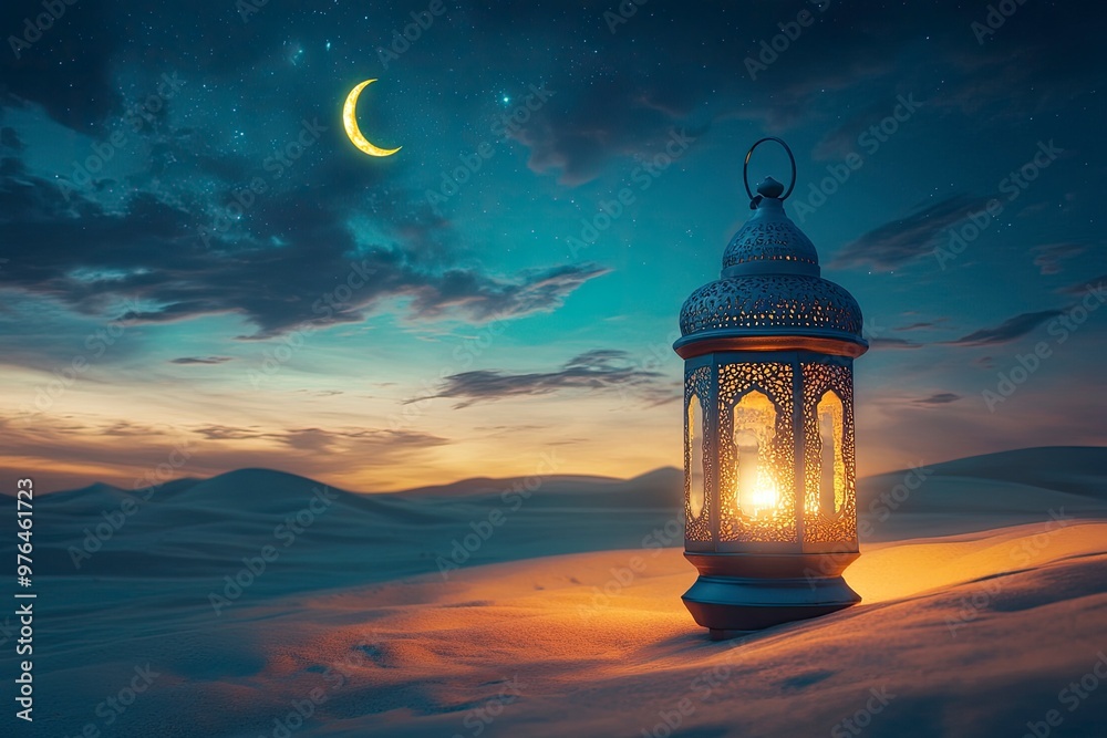Ramadan Kareem - Arabic Lantern At Night In desert With Crescent Moon And Magic Glittering - Eid Ul Fitr, ai Ramadan Kareem - Arabic Lantern At Night In desert With Crescent Moon And Magic Glittering - Eid Ul Fitr, ai