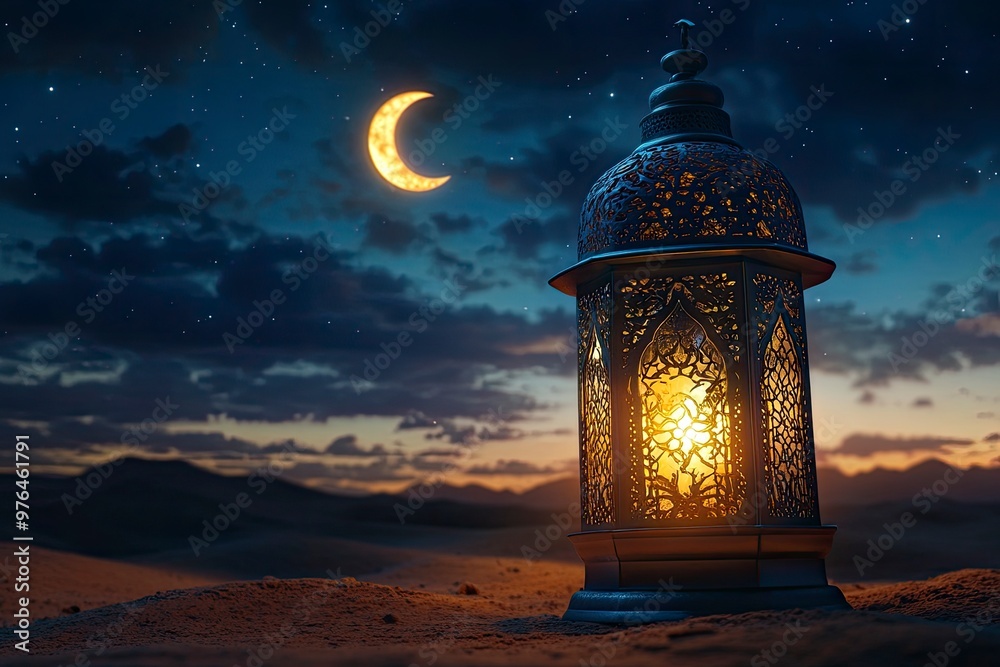 Ramadan Kareem - Arabic Lantern At Night In desert With Crescent Moon And Magic Glittering - Eid Ul Fitr, ai Ramadan Kareem - Arabic Lantern At Night In desert With Crescent Moon And Magic Glittering - Eid Ul Fitr, ai