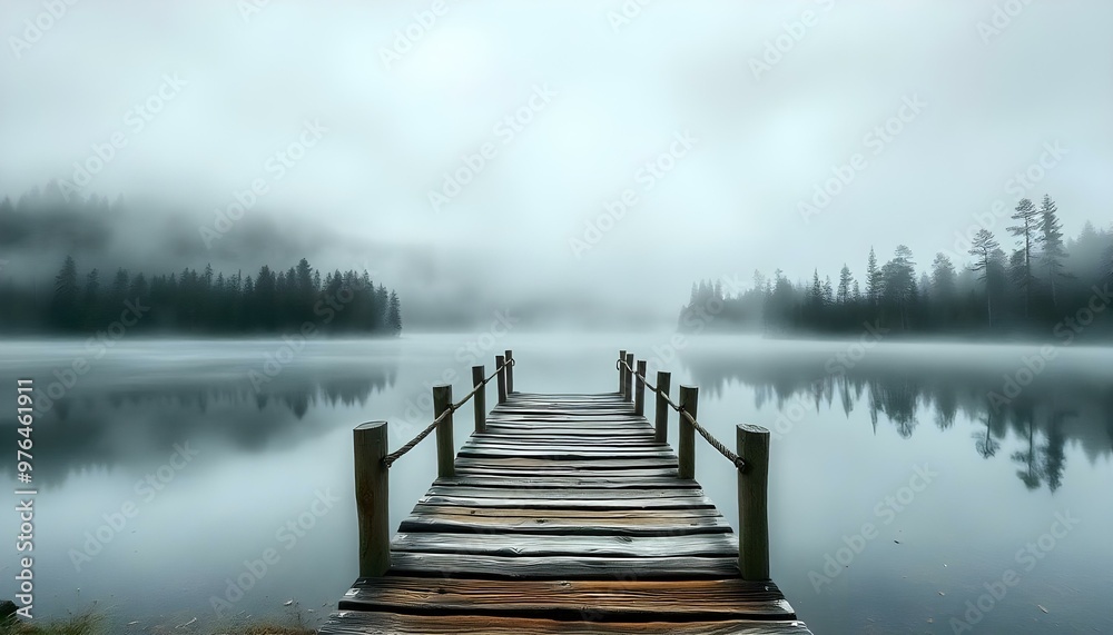 Obraz premium A wooden bridge over a still lake surrounded by a misty, forested landscape, 8k, hyper realistic