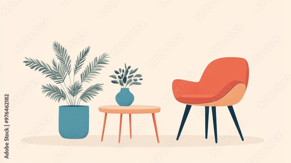 Fototapeta premium Minimalist Scandinavian Furniture Illustration in Continuous Line Style with Vase of Plants, Simple and Elegant Design - Copy Space