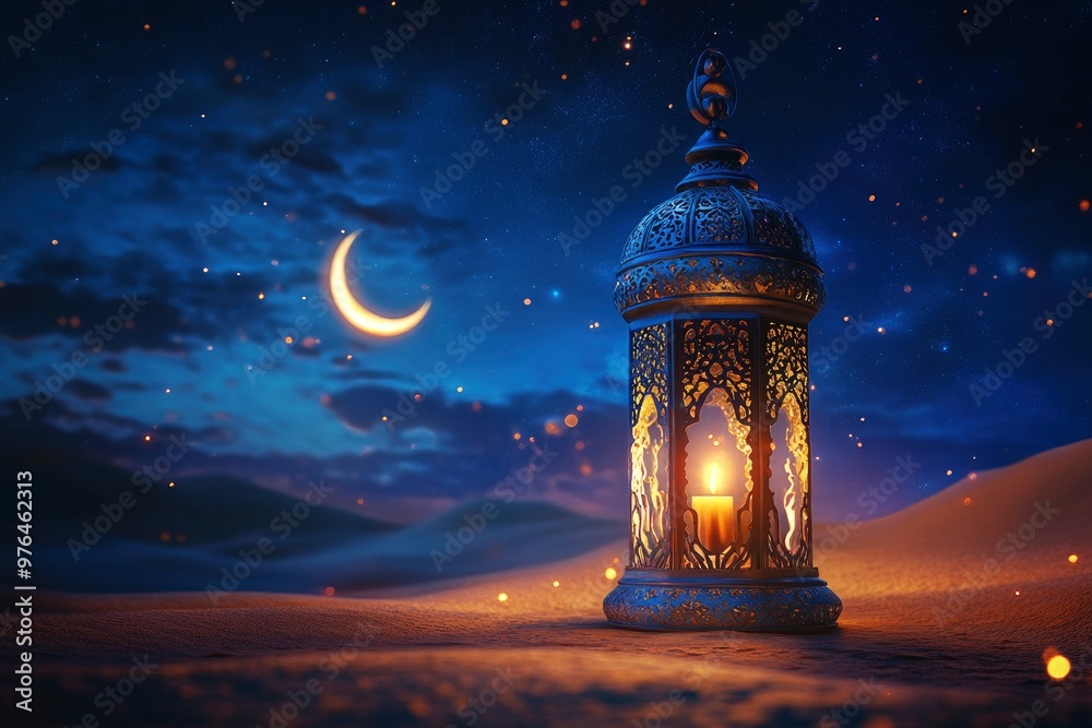 Ramadan Kareem - Arabic Lantern At Night In desert With Crescent Moon And Magic Glittering - Eid Ul Fitr , ai Ramadan Kareem - Arabic Lantern At Night In desert With Crescent Moon And Magic Glittering - Eid Ul Fitr , ai