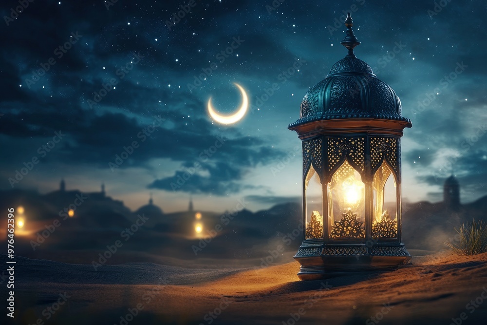 Ramadan Kareem - Arabic Lantern At Night In desert With Crescent Moon And Magic Glittering - Eid Ul Fitr , ai Ramadan Kareem - Arabic Lantern At Night In desert With Crescent Moon And Magic Glittering - Eid Ul Fitr , ai