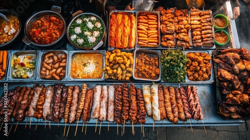 An array of traditional street foods from around the world, including Vietnamese pho, Brazilian feijoada, Turkish kebabs, and American hot dogs, all served together. photo