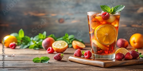 Cold, refreshing iced tea in an elegant glass garnished with fresh fruit