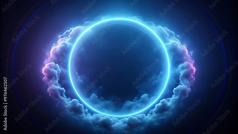 round frame with swirling cloud illuminated by soft indigo neon ring