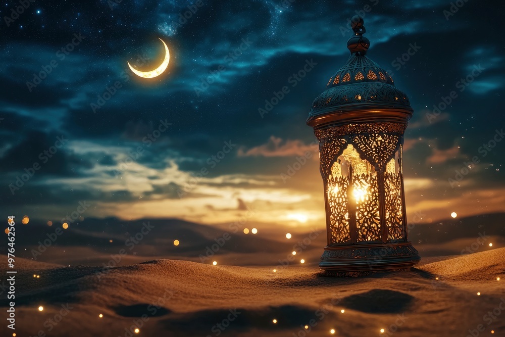 Ramadan Kareem - Arabic Lantern At Night In desert With Crescent Moon And Magic Glittering - Eid Ul Fitr , ai Ramadan Kareem - Arabic Lantern At Night In desert With Crescent Moon And Magic Glittering - Eid Ul Fitr , ai