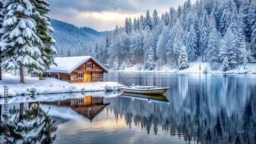 Winter scene with cabin by lake, boat on water and snow on ground