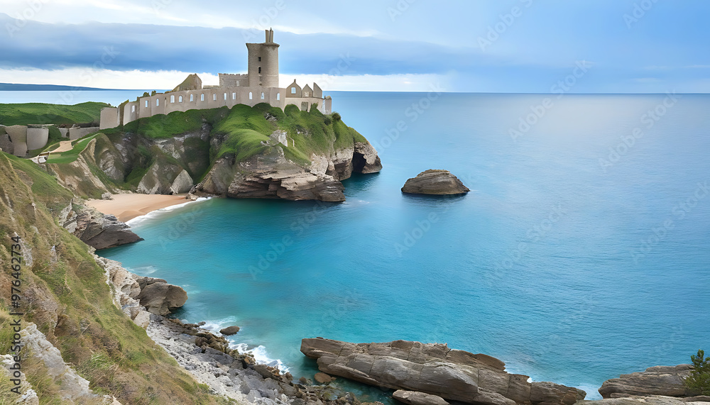 Ancient castle on the cliff-top overlooking the vast ocean, a showcase ...