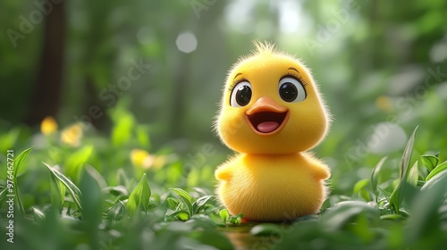 Adorable fluffy yellow duckling in a lush green forest, showing joy and innocence under sunlight. Perfect for children's themes or nature lovers.