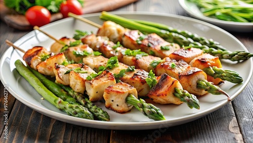 Close-up of a plated meal with asparagus and chicken skewers