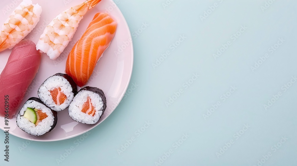 Assorted Sushi Plate with Salmon, Tuna, and Rolls on Blue Background, copyspace Assorted Sushi Plate with Salmon, Tuna, and Rolls on Blue Background, copyspace