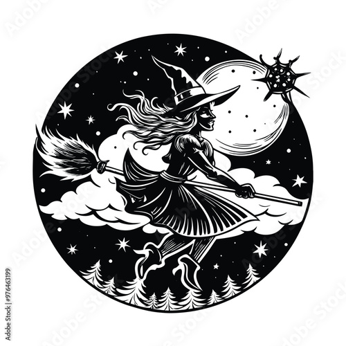 "Silhouette of a Witch Flying on a Broomstick Across a Full Moonlit Sky - Mysterious and Magical Illustration on white background, Perfect for Halloween and Fantasy Themes