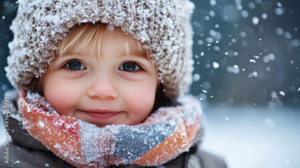 A close-up of a Caucasian child playing in the snow, bundled up in a winter coat and scarf, with a playful smile A close-up of a Caucasian child playing in the snow, bundled up in a winter coat and scarf, with a playful smile