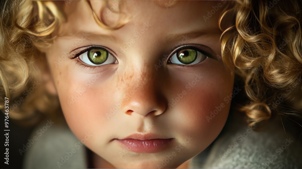 Naklejka premium A close-up of a Caucasian child with curly blonde hair and green eyes, looking curiously at the camera