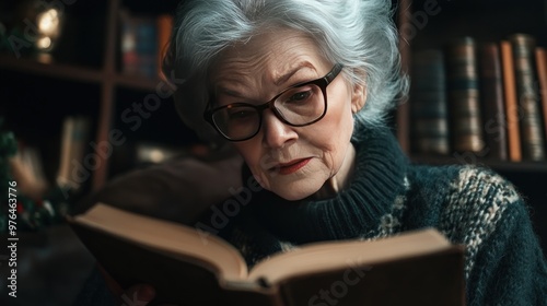 A close-up of a Caucasian elderly woman with silver hair and glasses, reading a book in a cozy living room photo