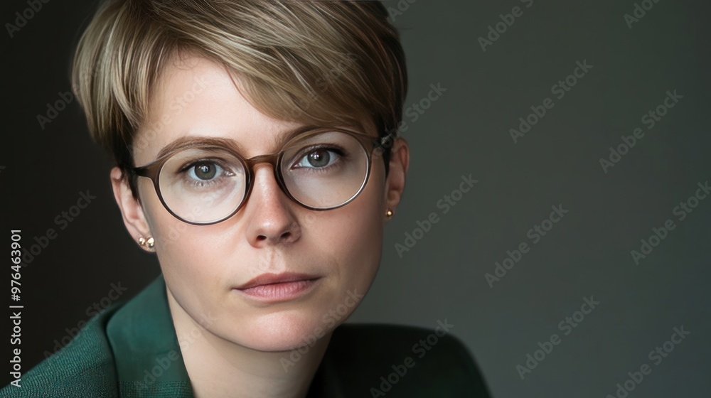 A close-up portrait of a Caucasian woman with short blonde hair, wearing glasses and a blazer, looking thoughtfully into the camera