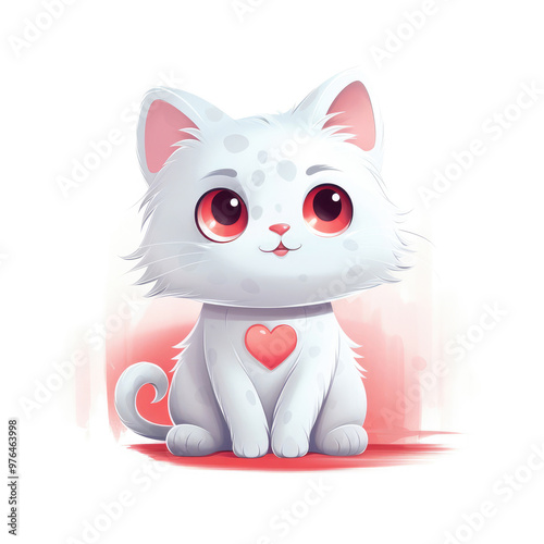 Cartoon White Cat with Heart and Room for Copy