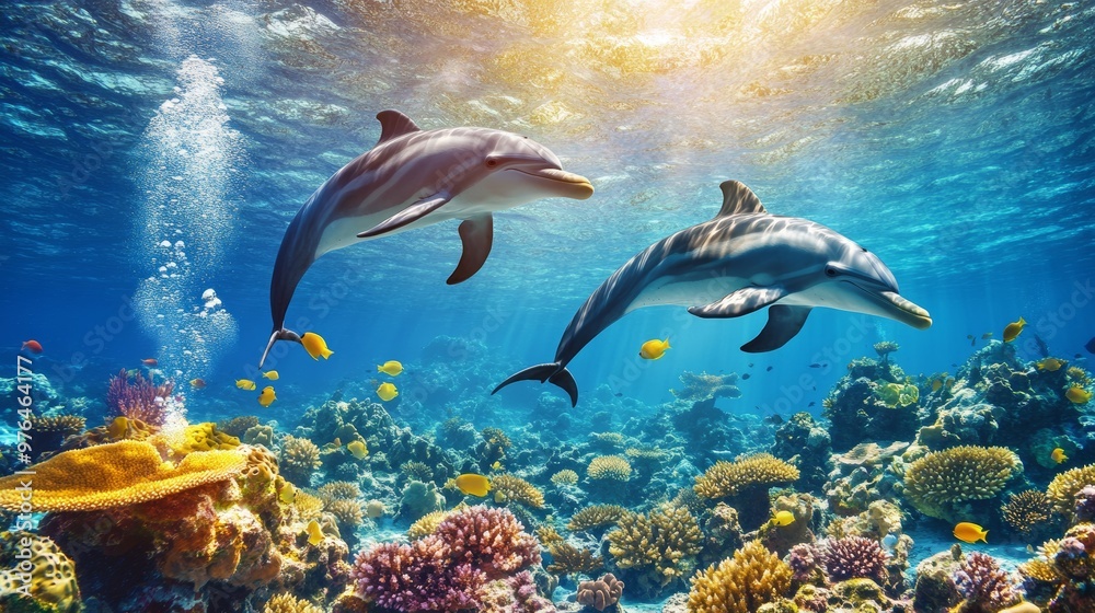 Obraz premium Oceanview. A flock of playful dolphins swimming underwater over coral reef background hunting to fish
