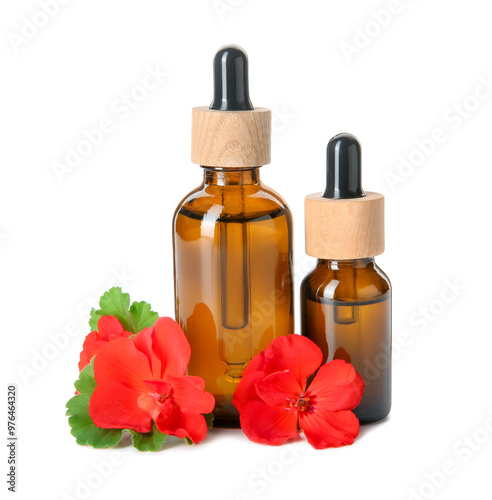 Bottles of geranium essential oil and beautiful flowers isolated on white