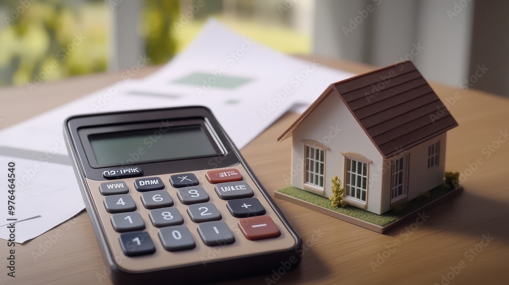 Calculator on desk with model house and documents, symbolizing mortgage calculation, financial planning, or real estate investment. Calculator on desk with model house and documents, symbolizing mortgage calculation, financial planning, or real estate investment.