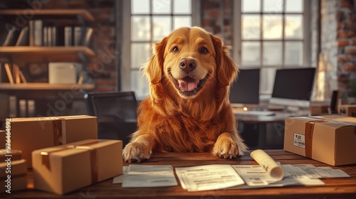 Cheerful dog in an office with packages, papers, and lots of light, creating a warm and productive atmosphere. Ideal for business or pet themes. photo