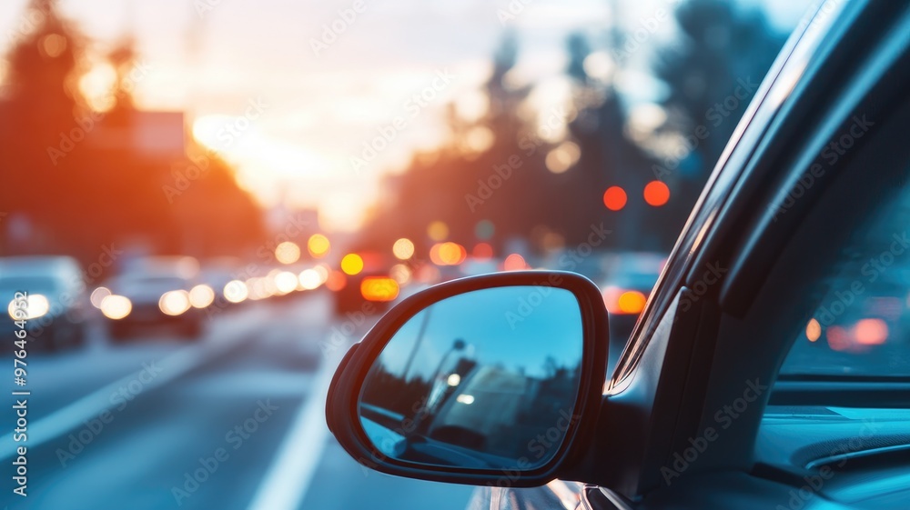 Sunset view through car's side mirror, busy road ahead Sunset view through car's side mirror, busy road ahead