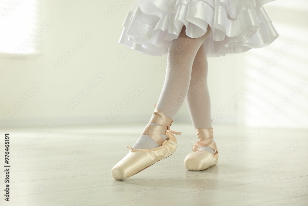 Little ballerina practicing dance moves indoors, closeup. Space for text Little ballerina practicing dance moves indoors, closeup. Space for text
