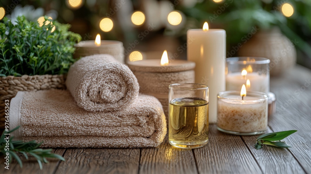 Spa Relaxation   Candles  Towels  Essential Oil on Wooden Table