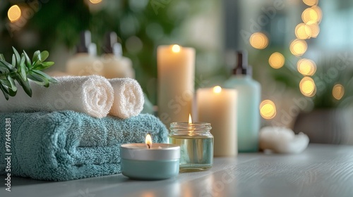 Spa Relaxation with Towels Candles and Essential Oils